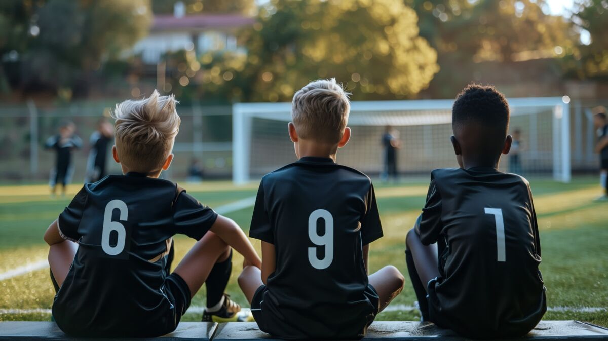 Three junior players on the bench with printed numbers on the back of their tees