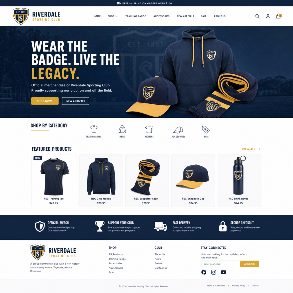 Example online club store with hoodies, caps and tees for sale